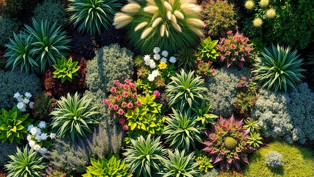 Overhead view of a mature mixed garden showing layered plantings with flowering perennials, ornamental grasses, and shrubs creating depth and texture in afternoon sunlight