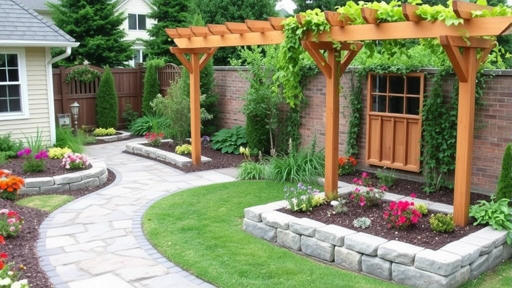 Professional photograph of a completed garden design featuring stone pathway, raised beds, flowering plants, and wooden arbor with climbing vines creating defined garden rooms