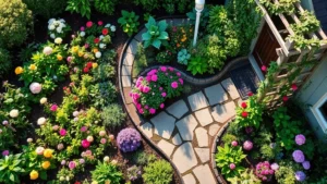 Overhead view of a cottage garden in full bloom with mixed perennials, roses, and herbs in organized beds, featuring a winding stone pathway and wooden trellis with climbing vines, morning sunlight casting long shadows
