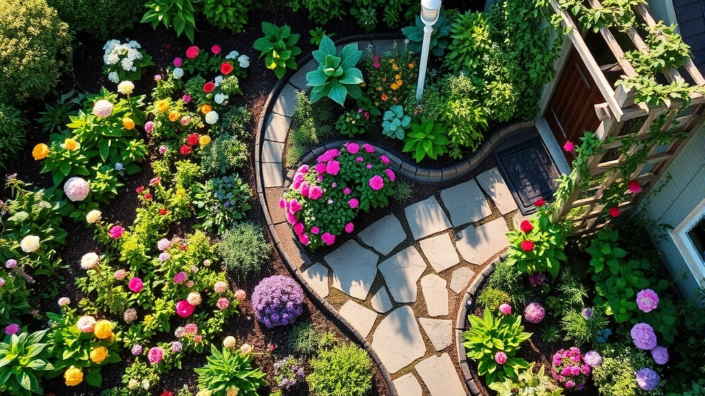 Overhead view of a cottage garden in full bloom with mixed perennials, roses, and herbs in organized beds, featuring a winding stone pathway and wooden trellis with climbing vines, morning sunlight casting long shadows