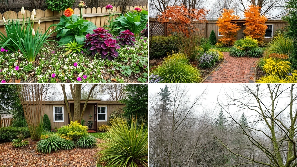 Seasonal garden progression showing same garden scene in spring with emerging growth and bulbs, summer with full lush foliage, autumn with warm colors and seed heads, and winter with bare branches and evergreens, demonstrating color and value changes