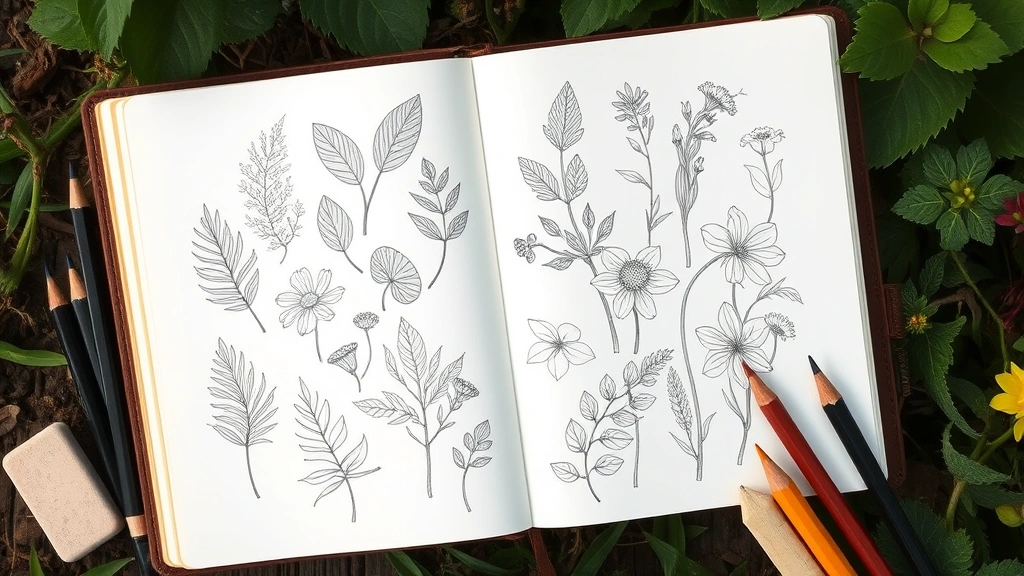 Close-up overhead view of an open sketchbook with detailed pencil drawings of various plant leaves, flowers, and botanical studies spread across white paper, surrounded by sharpened pencils and a kneaded eraser, natural garden setting