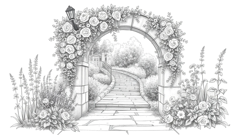 Artistic hand-drawn garden design sketch showing stone pathway with archway covered in climbing roses, surrounding cottage garden plants in full bloom, rendered in graphite pencil with light watercolor washes