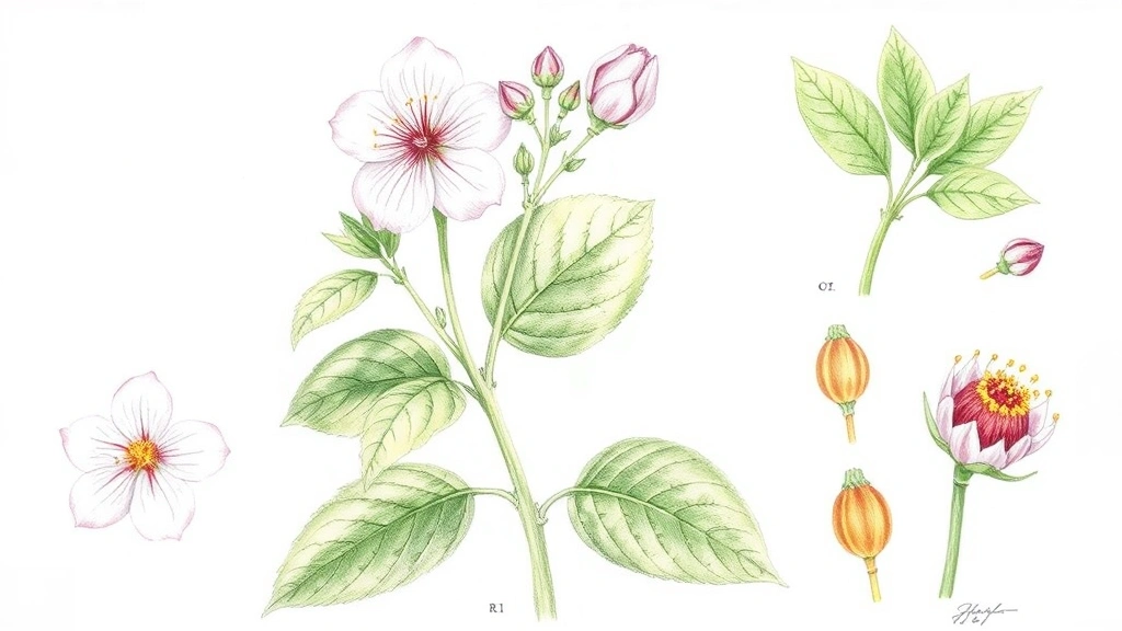 Detailed botanical illustration of flowering plant with multiple studies showing individual blooms, leaves from different angles, and seed pods, rendered in colored pencil with scientific accuracy and artistic detail