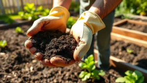 Gardener in work gloves examining rich dark soil in hands, sunlit backyard garden setting with raised beds visible
