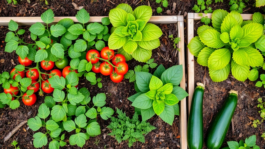Overhead view of diverse vegetable garden with tomato plants, lettuce, herbs, and zucchini growing in organized raised beds with mulch