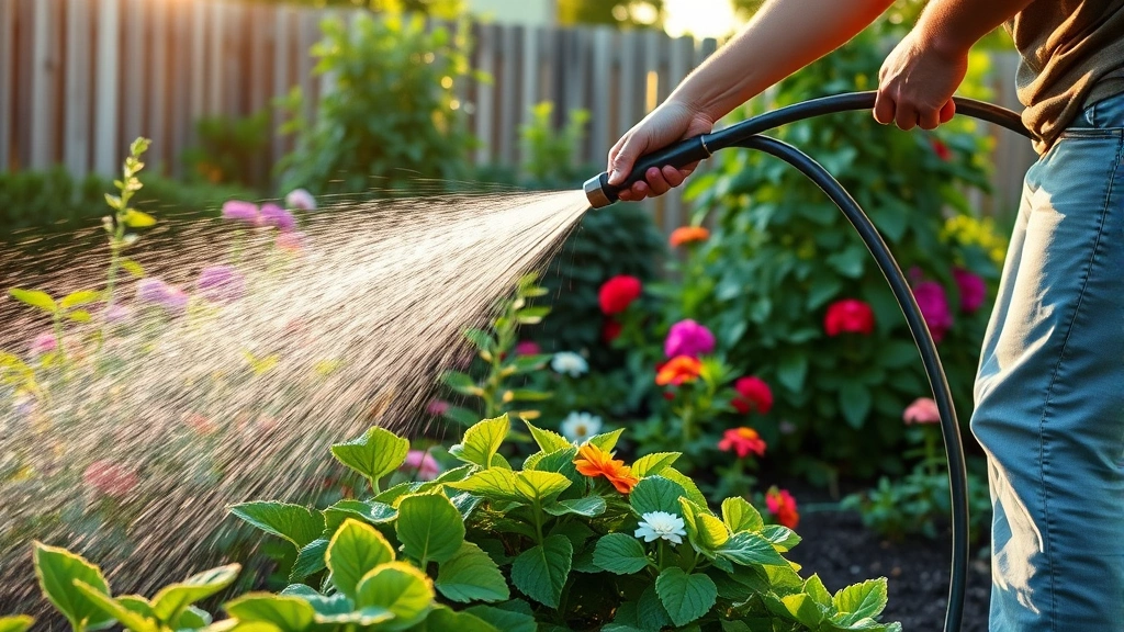 Person watering established garden plants with soaker hose at sunrise, morning light on thriving vegetables and flowering plants