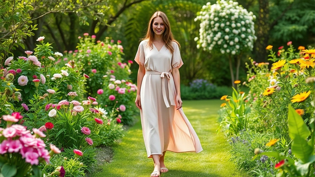 Woman wearing a flowing pastel pink linen dress with delicate flat sandals standing in a lush spring garden surrounded by blooming flowers and green foliage, looking elegant and garden party ready
