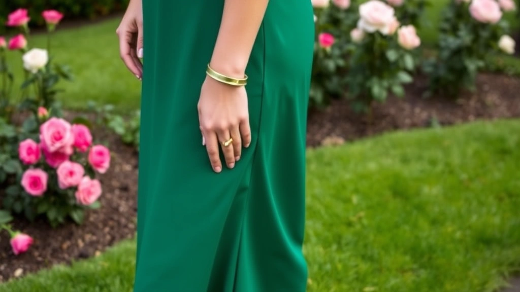 Close-up of a sophisticated garden party outfit featuring a jewel-tone emerald midi dress paired with gold jewelry and metallic flat sandals on manicured garden lawn with roses in background