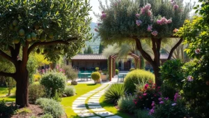 Lush Mediterranean garden with fig tree, olive tree, grapevine arbor, pomegranate shrub, and flowering herbs like rose and jasmine in spring sunlight with stone pathway