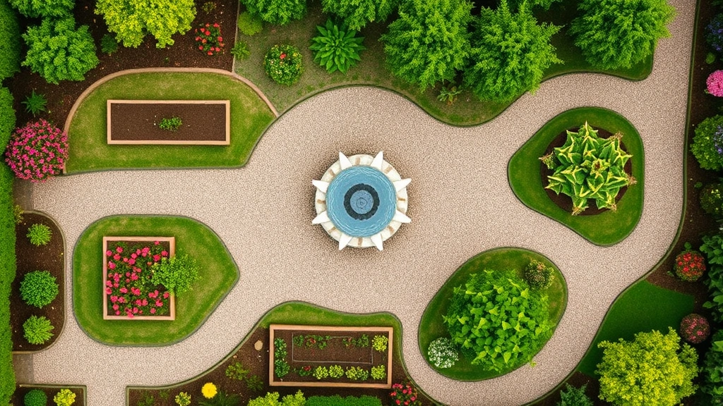 Overhead view of paradise garden layout with central water fountain, four distinct planting quadrants with raised beds, fruit trees, flowering shrubs, and winding gravel paths