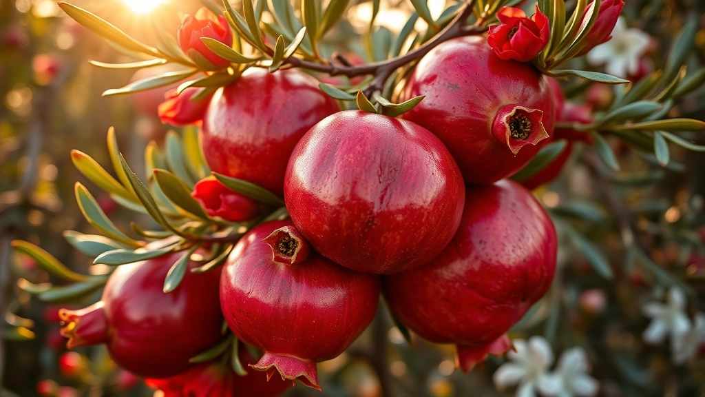 Close-up of mature pomegranate fruits on branch with vibrant red flowers, olive tree foliage, and jasmine blooms creating layered garden abundance in golden afternoon light