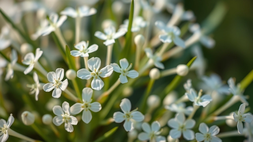Close-up of delicate white dusk puff flowers with narrow green leaves in soft natural light, botanical detail photography