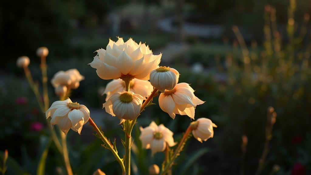 Mature dusk puff plant covered in papery inflated seed pods glowing golden in evening sunlight, garden landscape view