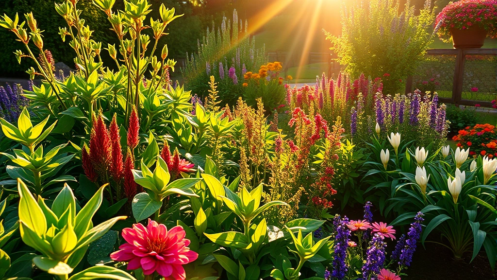 Morning sunlight streaming across lush green garden beds with colorful perennials and flowering shrubs in east-facing garden setting, dewdrops on leaves catching golden light