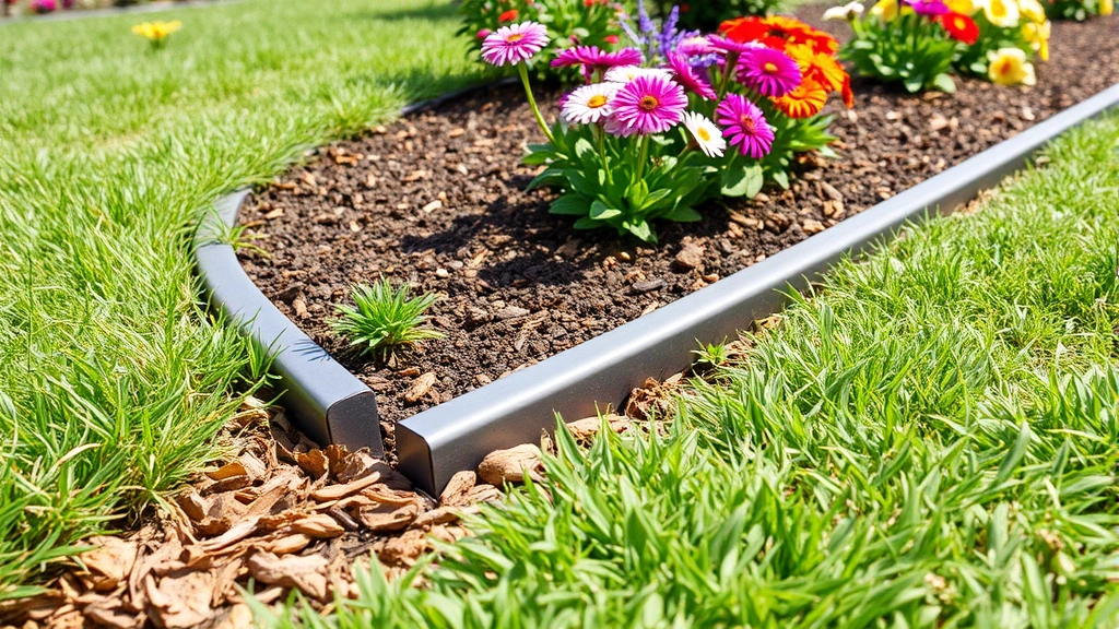 Close-up of metal garden edging installed along a flower bed border with fresh mulch, showing clean line between lawn and planted area with colorful flowers
