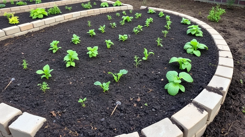 Wide shot of curved stone brick edging defining a raised vegetable garden bed with organized rows of growing plants and rich dark soil