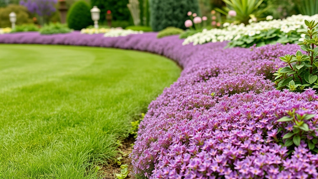 Detail view of groundcover edging plants like creeping thyme and ajuga creating soft purple-pink border transition between manicured lawn and perennial garden bed