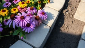 Close-up of flagstone garden edging bordering a lush flower bed with purple coneflowers and black-eyed Susans, afternoon sunlight creating shadows on stone surface, soil rich and dark