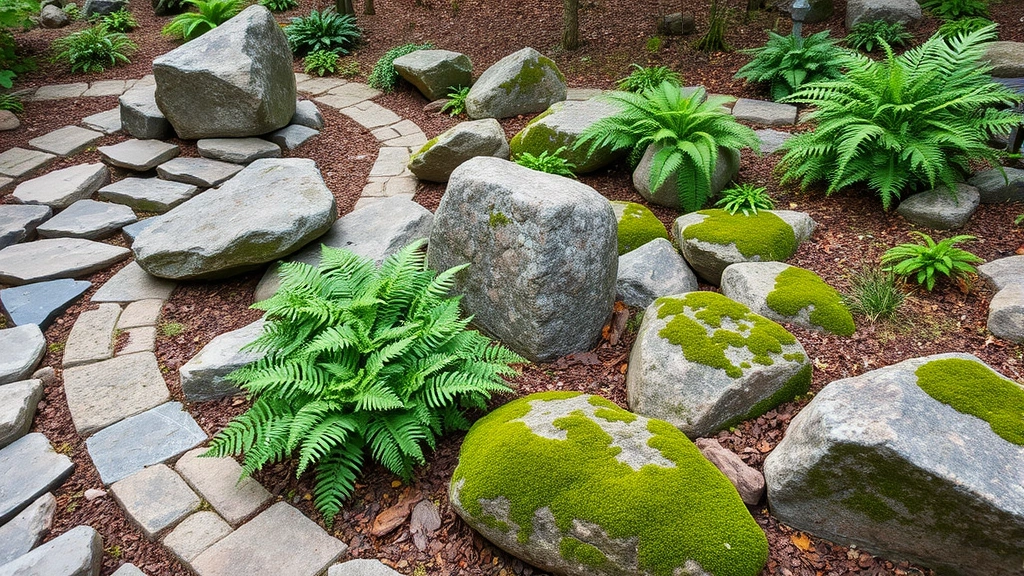 Detail shot of river rocks and boulders creating organic curved garden border around shade plantings with hostas and ferns, natural woodland aesthetic with moss-covered stones