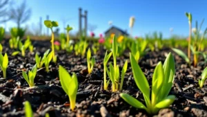 Vibrant spring garden in Garden City with newly sprouted vegetables and perennials emerging from dark mulch under clear blue sky, showing early morning dew on young green leaves and emerging shoots