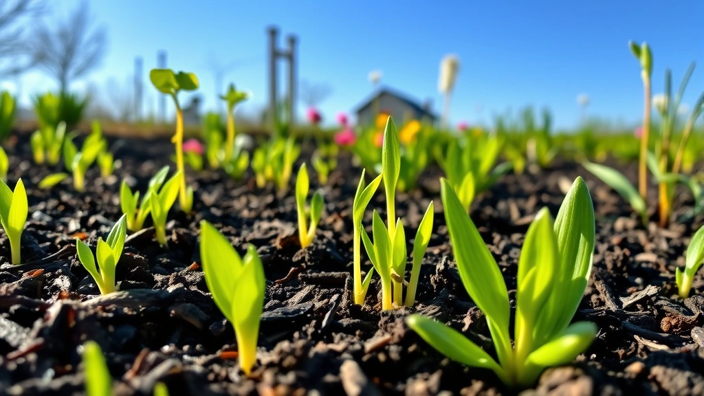 Vibrant spring garden in Garden City with newly sprouted vegetables and perennials emerging from dark mulch under clear blue sky, showing early morning dew on young green leaves and emerging shoots