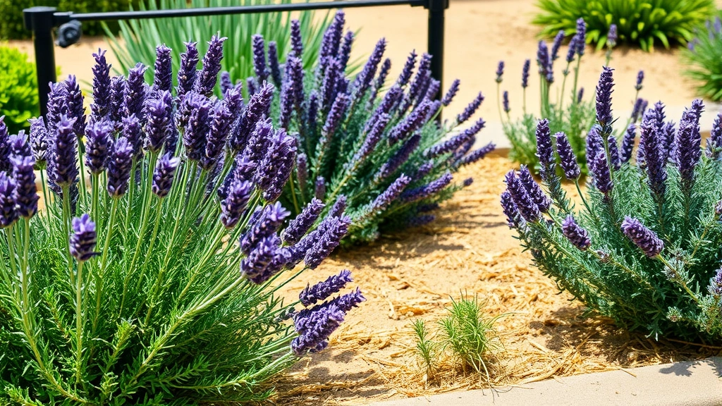Lush summer herb garden thriving in intense heat with lavender, rosemary, and sage plants displaying purple and green foliage, drip irrigation system visible delivering water to sandy soil mulched with straw