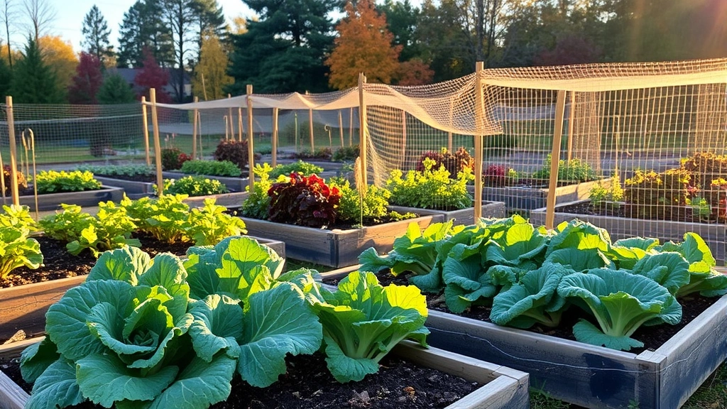 Autumn garden scene in Garden City with cool-season vegetables including kale, lettuce, and root crops growing in raised beds, golden afternoon light, protective netting visible over some beds, fall colors in background trees