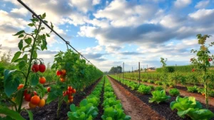 Lush vegetable garden in Southern California with drip irrigation system, tomato plants, lettuce, and mulched beds under partly cloudy spring sky with gentle coastal light