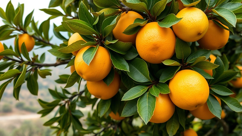 Close-up of mature citrus tree with ripe oranges and lemons, green foliage, Mediterranean landscape background with mild winter temperatures
