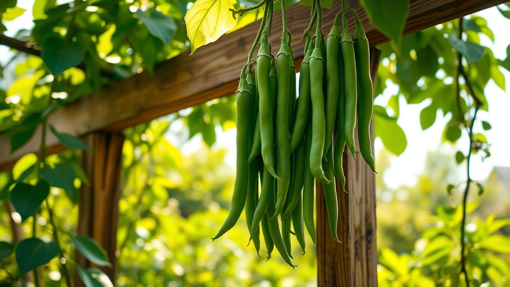 Close-up of vibrant green yard-long beans hanging from climbing vines on a sturdy wooden trellis in morning sunlight, with lush foliage in soft focus background