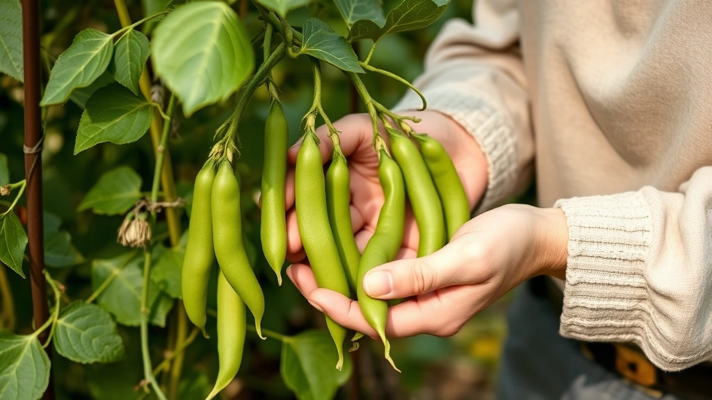 Gardener's hands gently harvesting tender elder bean pods from climbing plant, showing proper picking technique with plant support visible, natural garden setting