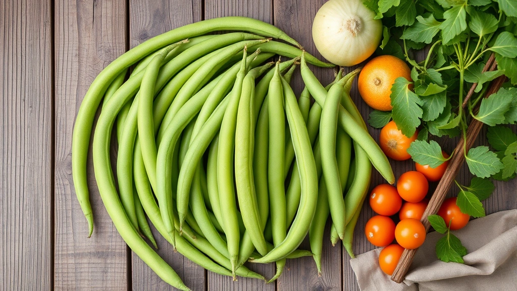 Overhead view of harvested elder bean pods arranged on wooden surface with fresh garden vegetables, displaying their characteristic long slender shape and bright green color