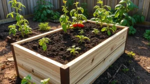 Professional elevated wooden garden bed filled with dark rich soil in backyard garden with tomato plants growing, morning sunlight, realistic garden setting