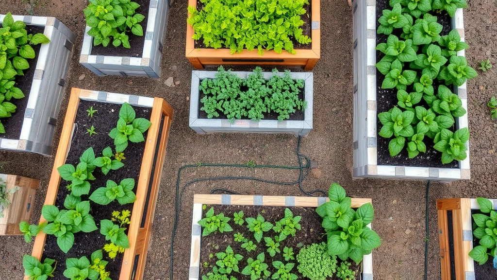Overhead view of multiple rectangular elevated garden beds in various materials with thriving vegetable plants and drip irrigation lines installed