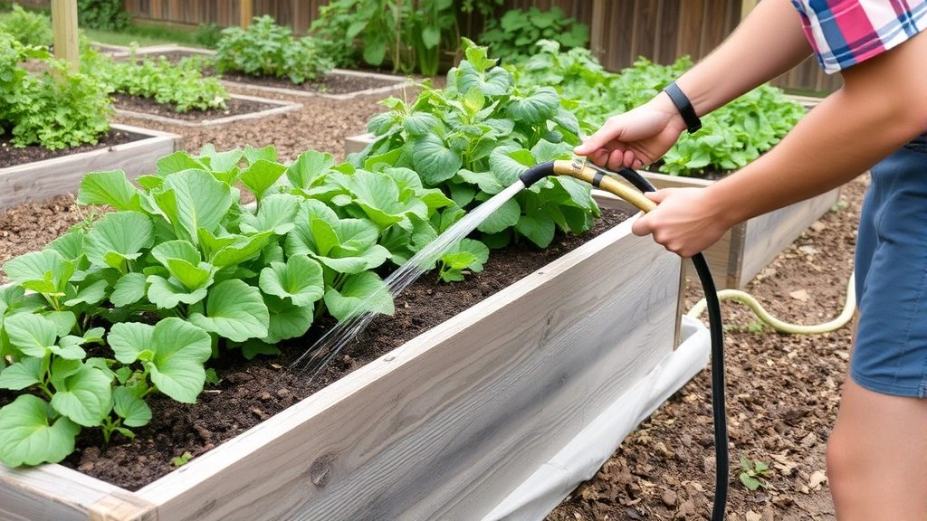 Person watering an elevated garden bed with vegetables using drip hose system, showing proper irrigation setup and well-maintained growing beds