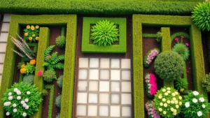 Overhead view of formal garden beds with symmetrical plantings, manicured hedges, and flowering perennials in full bloom, showing professional garden layout and design principles