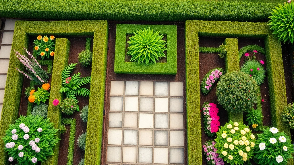 Overhead view of formal garden beds with symmetrical plantings, manicured hedges, and flowering perennials in full bloom, showing professional garden layout and design principles