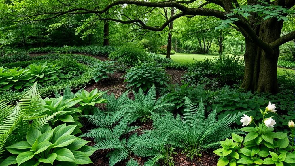 Wide landscape shot of shade garden featuring hostas with varied leaf patterns, ferns, and flowering hellebores under mature trees, showcasing shade-tolerant plant combinations and woodland garden design