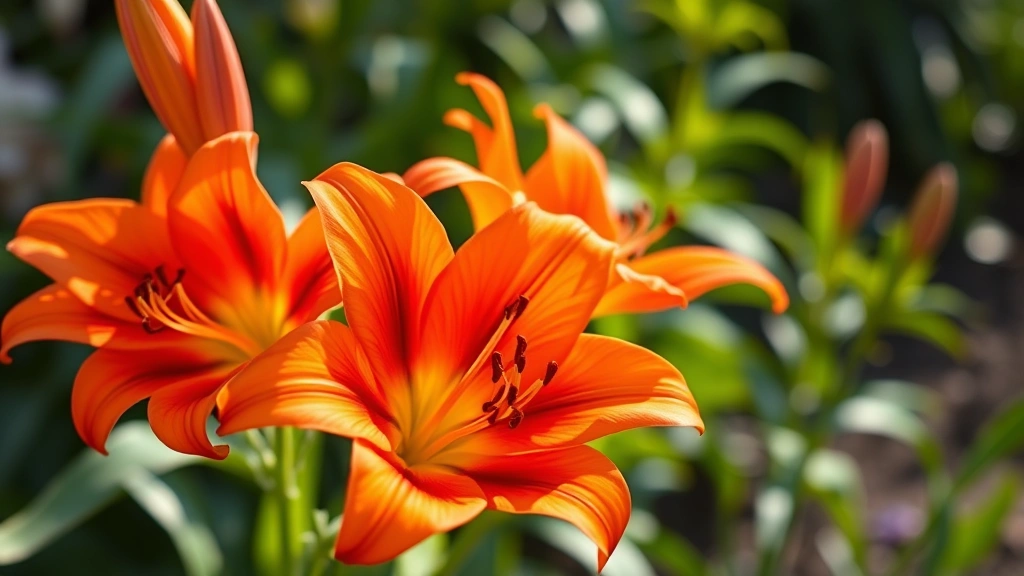 Close-up of vibrant orange-red ember lily flowers in full bloom with detailed trumpet-shaped petals, morning sunlight illuminating the delicate stamens, natural garden background with green foliage softly blurred