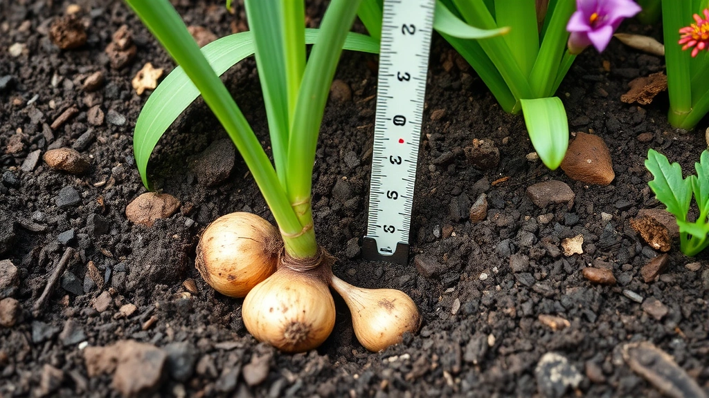 Healthy ember lily bulbs planted in well-draining garden soil with compost and perlite visible, showing proper planting depth with measuring stick, rich dark soil surrounding bulb, garden setting with other perennials nearby