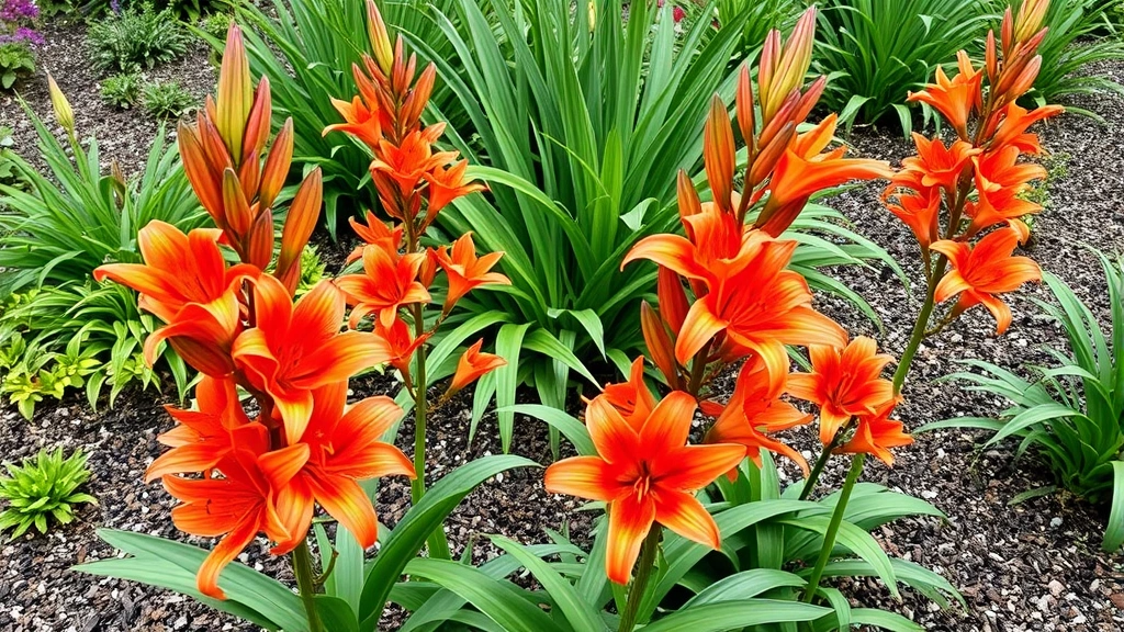 Mature ember lily plants in peak summer bloom displaying multiple orange-red flowers on tall stems, established garden bed with companion plants and mulch, healthy green foliage and abundant flowering demonstrating proper care