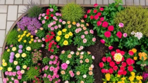 Overhead view of ornamental garden borders with colorful perennials, roses, and flowering shrubs in full bloom during spring season, showcasing layered planting design and complementary plant combinations