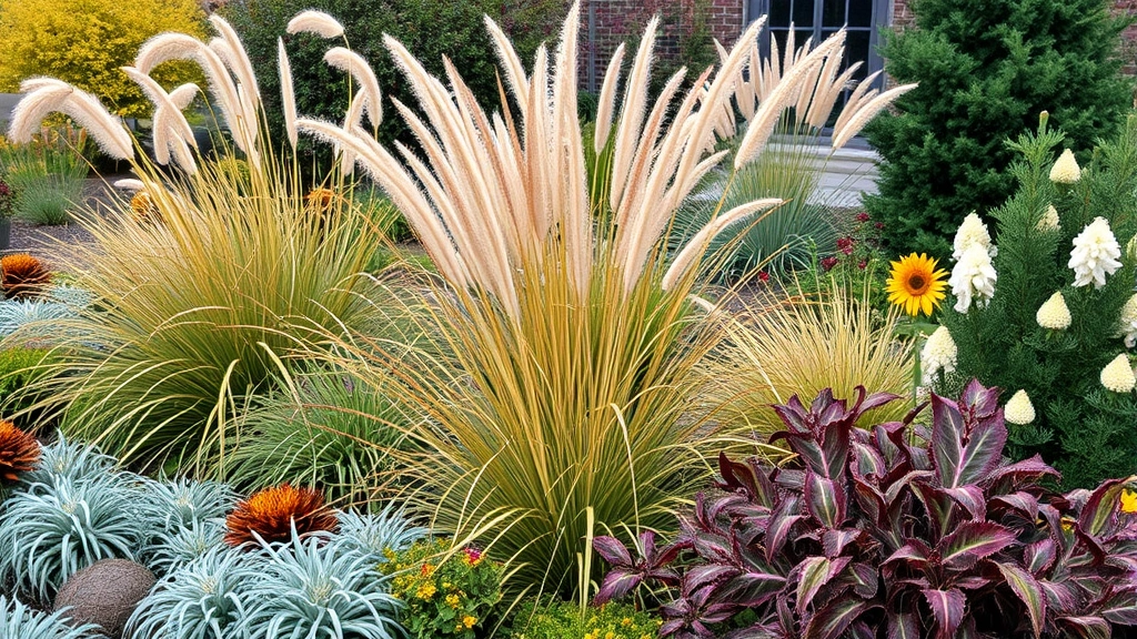Autumn garden landscape displaying ornamental grasses with golden tones, seed heads of perennials, evergreen specimen plants, and fall-blooming flowers creating year-round garden interest