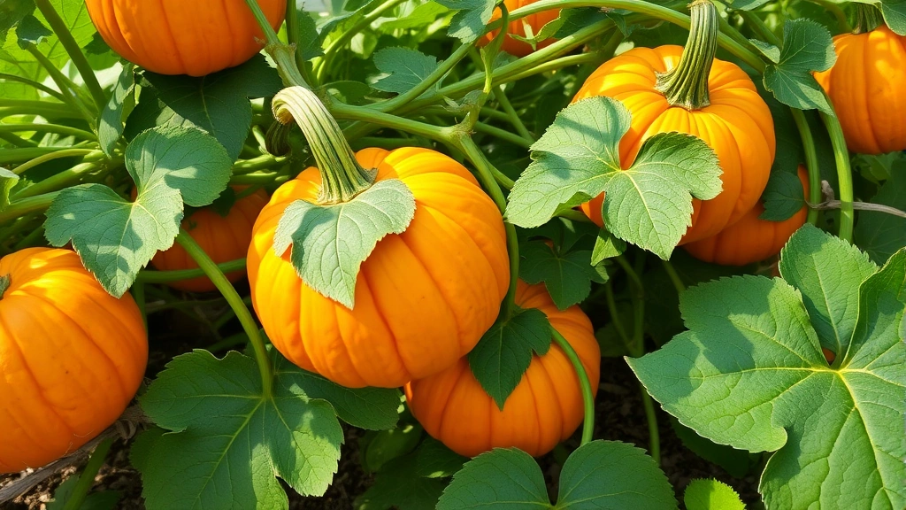 Close-up of vibrant orange pumpkins growing on sprawling green vines in morning sunlight, with large lobed leaves visible, realistic garden setting