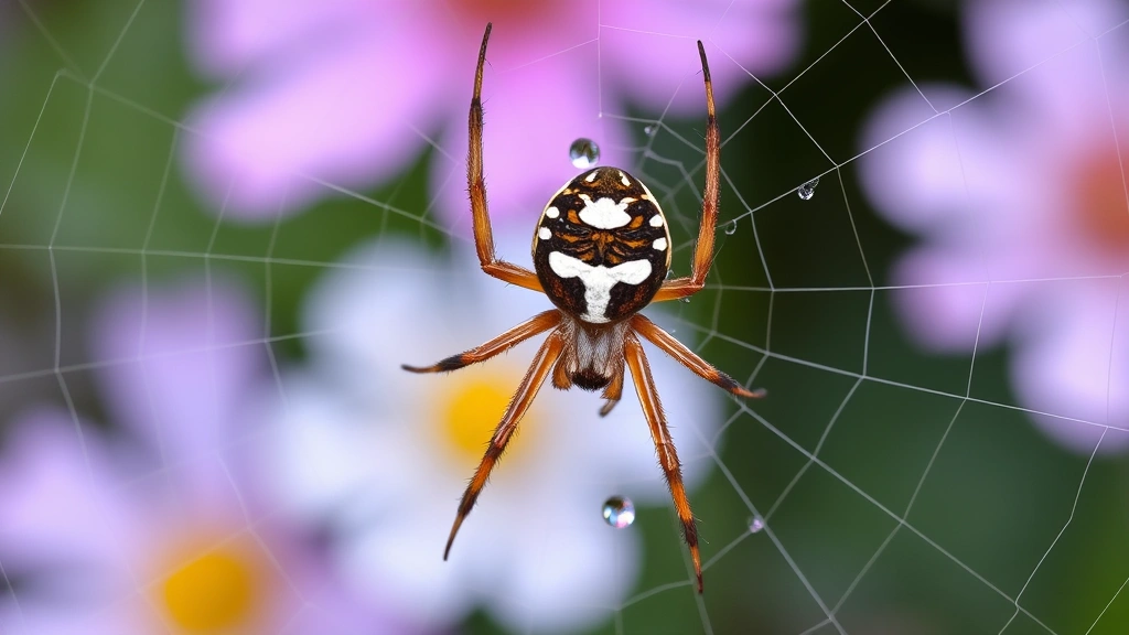 Detailed close-up of European garden spider with distinctive white cross marking on reddish-brown abdomen, sitting on its geometric orb web with morning dew droplets, natural garden background with blurred flowers