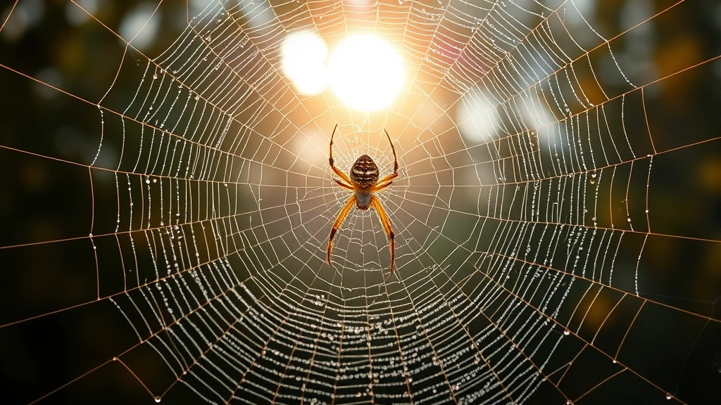 Wide shot of perfectly constructed orb web covered in morning dew, showing intricate spiral and radial threads, European garden spider positioned at center, backlit by soft sunlight in autumn garden setting