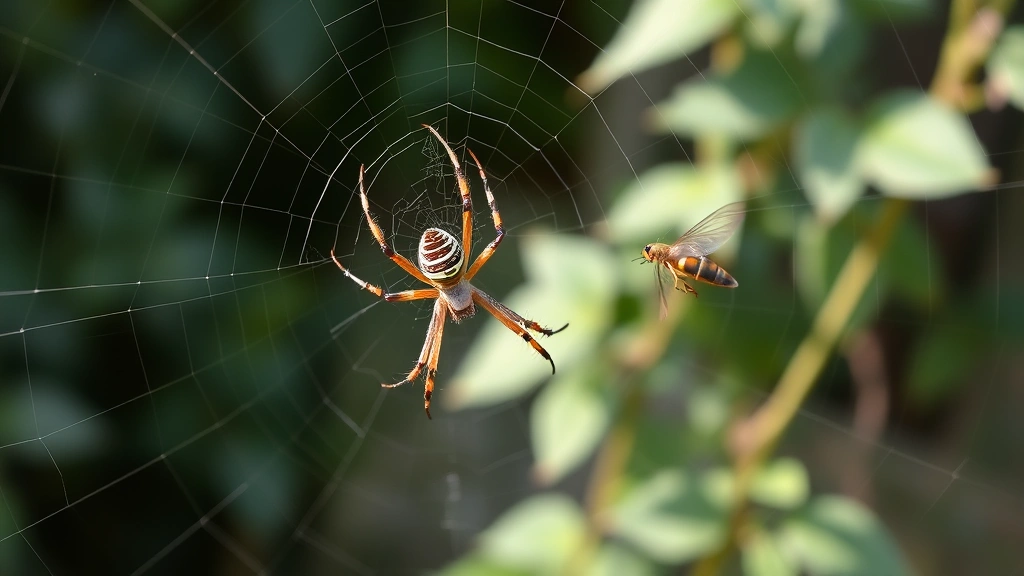 European garden spider female in hunting posture on web corner, captured mid-strike at flying insect, with garden foliage and climbing plants visible in soft-focused background, natural daylight