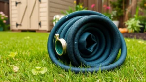 Expandable garden hose coiled neatly on green grass beside a garden shed, showing compact storage form with water droplets on the nylon fabric surface