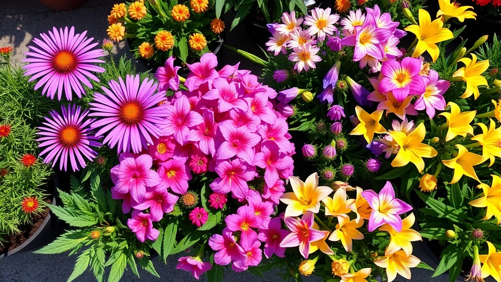 Overhead view of vibrant spring perennials including purple coneflowers, pink phlox, and yellow daylilies arranged in nursery pots at a garden center, natural sunlight illuminating the colorful blooms and green foliage